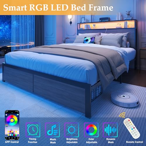 Full Bed Frame with Charging Station, LED Lights, 2 Drawers, Rustic Grey, view 6