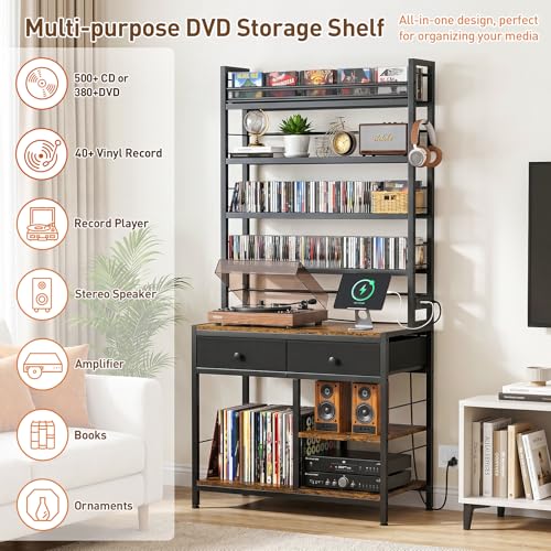 Tall CD Rack with Power Outlet & Drawers, 8-Tier DVD Storage Shelf, view 4