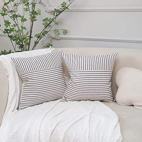 Navy Blue and Beige Patchwork Farmhouse Throw Pillow Covers 18 x 18 Inch, Pack of 2 Striped Linen Decorative Pillow Case for Sofa Couch Chair Bedroom Modern Decor(Navy Blue)