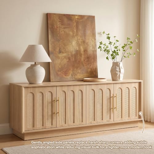 67" Arched Rattan Sideboard Buffet, 4 Door Adjustable Storage, Natural Oak, view 5