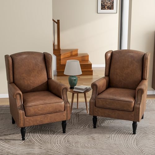 High Back Accent Chairs Set of 2, Faux Leather Upholstered Armchair Wingback Chair for Living Room, Comfy Single Sofa Solid Wood Legs Bedroom Reading Seat (Brown)
