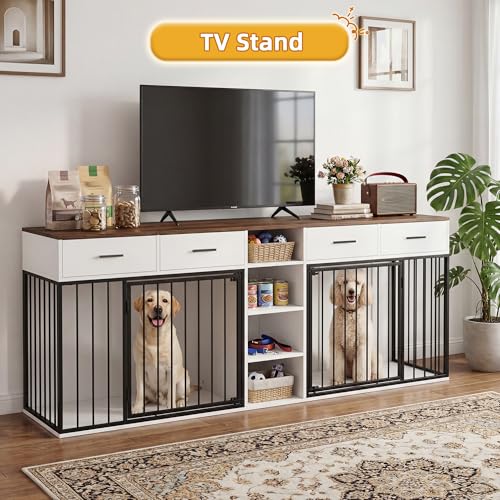 82 Inch Double Dog Crate Furniture for 2 Medium/Large Dogs, White, view 6