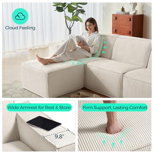 Modular Sectional Sofa, 134" Boneless Couch L Shaped 4-Seat Sofa with Movable Ottoman, Corduroy Sectional Cloud Couches for Living Room, No Assembly Required, Beige