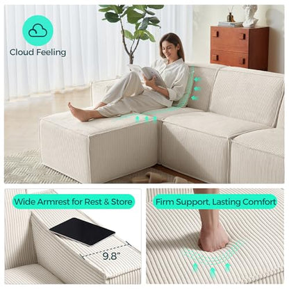 Modular Sectional Sofa, 134" Boneless Couch L Shaped 4-Seat Sofa with Movable Ottoman, Corduroy Sectional Cloud Couches for Living Room, No Assembly Required, Beige
