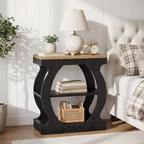 Tribesigns 23.6" Nightstand with 3-Tier Storage, Modern Narrow Bedside Table with Curved Frame for Bedroom, Rustic Oak & Black