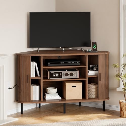 47" Corner TV Stand, Fluted TV Cabinet for 55 Inch TVs, Walnut, view 2