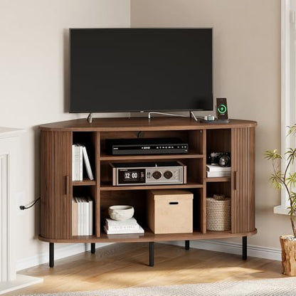 47" Corner TV Stand, Fluted TV Cabinet for 55 Inch TVs, Walnut, view 2