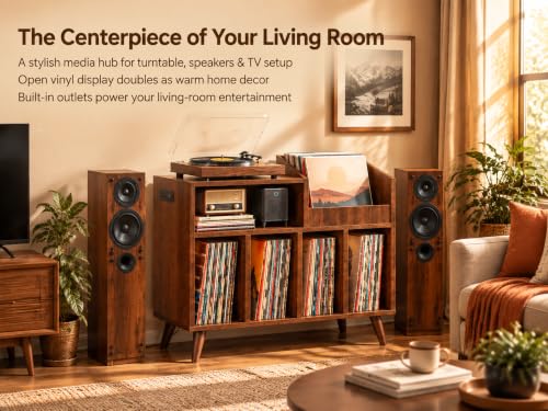 Large Record Player Stand with Built-in Outlet and LED Light, Walnut, view 4