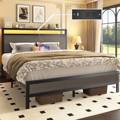 Queen Bed Frame with Headboard, Fast-Charging & LED, Storage Shelf, view 4