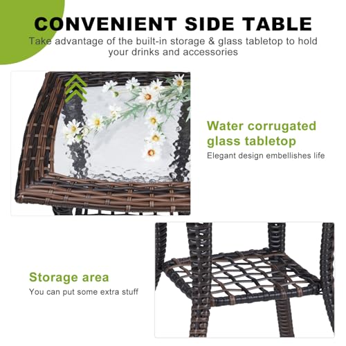 Rattan Outdoor Side Table with Glass Top & Storage Shelf | Small patio end coffee table, versatile furniture for porch, backyard, balcony and indoor living room