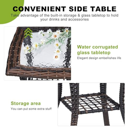 Rattan Outdoor Side Table with Glass Top & Storage Shelf | Small patio end coffee table, versatile furniture for porch, backyard, balcony and indoor living room