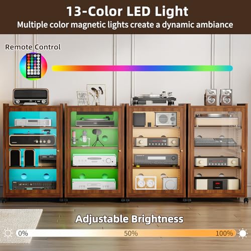 Media Cabinet with LED Lights and Glass Door, Metal Stereo Cabinet Brown, view 6