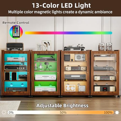 Media Cabinet with LED Lights and Glass Door, Metal Stereo Cabinet Brown, view 6