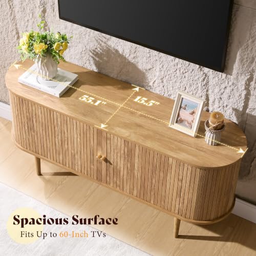 55" Mid-Century Modern Fluted TV Stand with Storage, Natural Oak, view 4