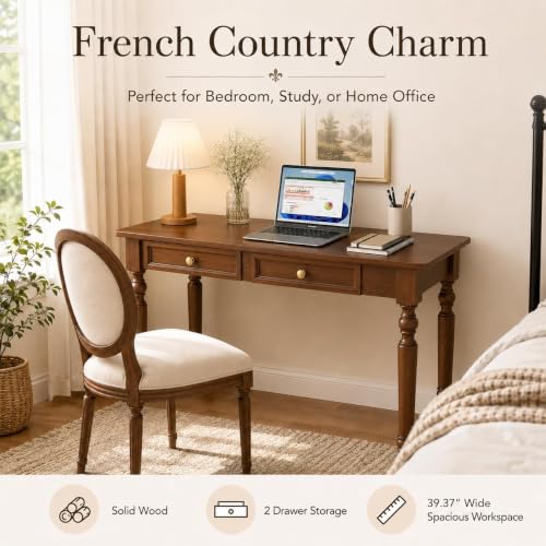 47" French Country Desk, Walnut Writing Desks with Drawers, view 4