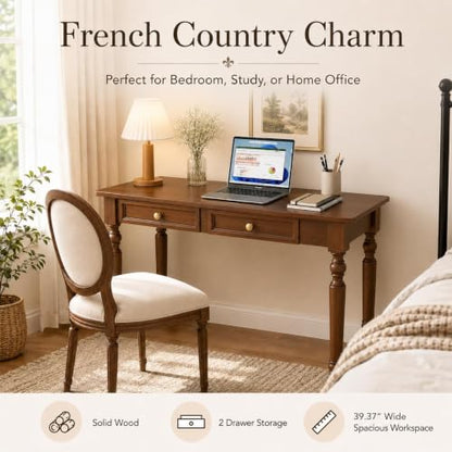 47" French Country Desk, Walnut Writing Desks with Drawers, view 4
