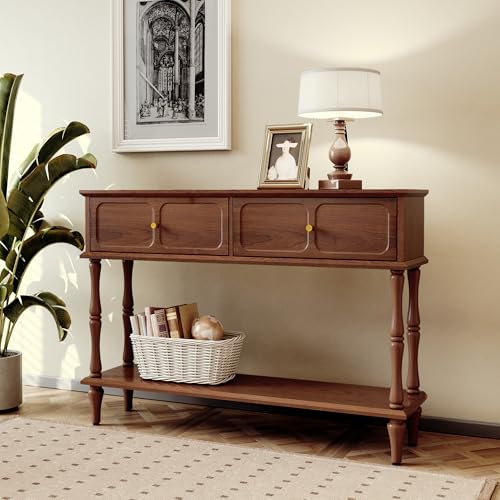 Console Table with Drawers for Entryway, Mid-Century Entryway Table with Storage, Brown Narrow Entryway Table with Open Shelf Behind Sofa for Living Room, Foyer, Hallway