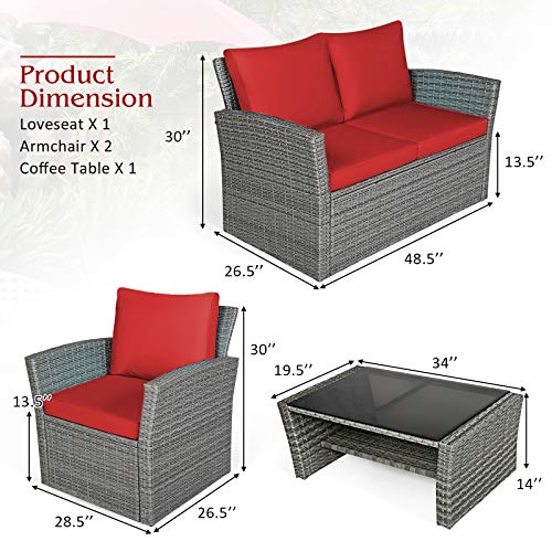 4 Pieces Patio Rattan Furniture Set, Outdoor Wicker Sofa Set with Tempered Glass Coffee Table, Cushions, All Weather Rattan Conversation Set for Yard Balcony Backyard Pool (Red)