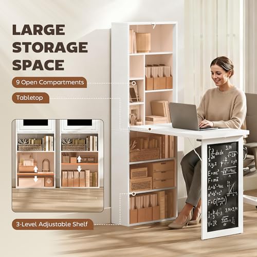 Foldable Convertible Writing Table, Wall Mounted Space-Saving Computer Desk with Chalkboard and Storage Shelves for Small Spaces, Home Office, Bedroom, Dorm, Apartment, White