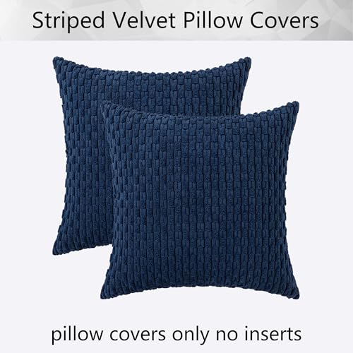 Kevin Textile Throw Pillow Cover Striped Corduroy Plush Texture Velvet Euro Cushion Cover for Bed 24 x 24 inch (60cm) Set of 2 Navy Blue