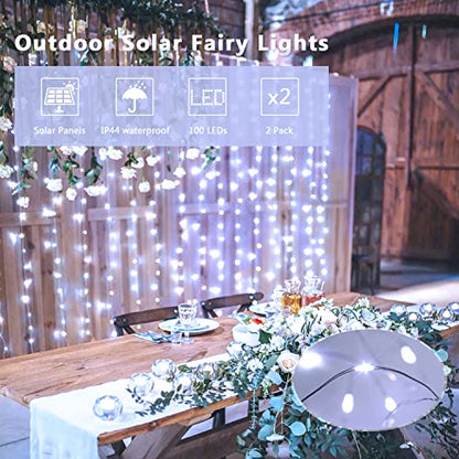 2 Pack Solar String Lights Outdoor Waterproof, Each 33FT 100 LED Solar Fairy Lights Outdoor, 8 Modes White Christmas Light for Outside Garden Tree Patio Yard Wedding Christmas Decorations