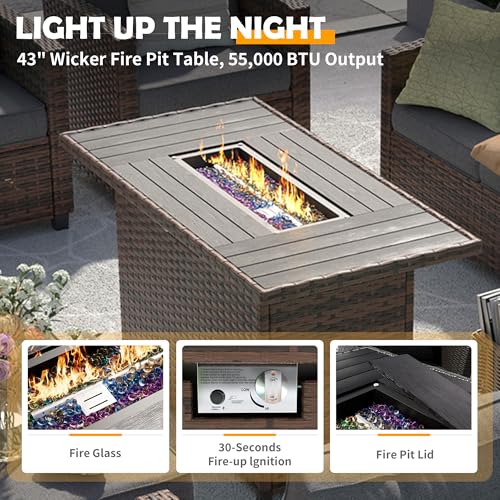 Outdoor Patio Furniture Set with 44" Fire Pit Table, 6 Pieces Sectional Conversation Sets, All-Weather Wicker Rattan Sofa Ottoman with 4" Thick Cushion for Garden Backyard Deck, Dark Grey