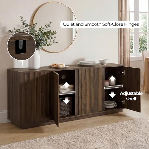 CHITA 63" Wooden Console Cabinet with 4 Tereoscopic Wavy Door Panels,Walnut, view 5