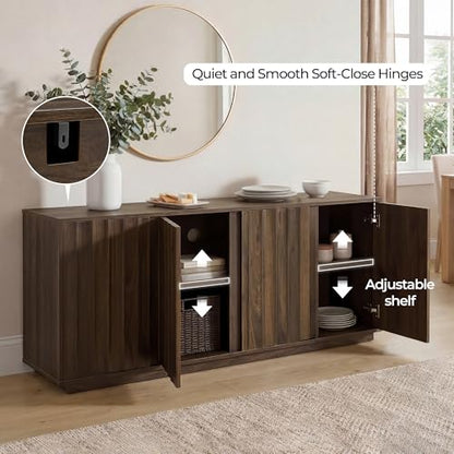 CHITA 63" Wooden Console Cabinet with 4 Tereoscopic Wavy Door Panels,Walnut, view 5