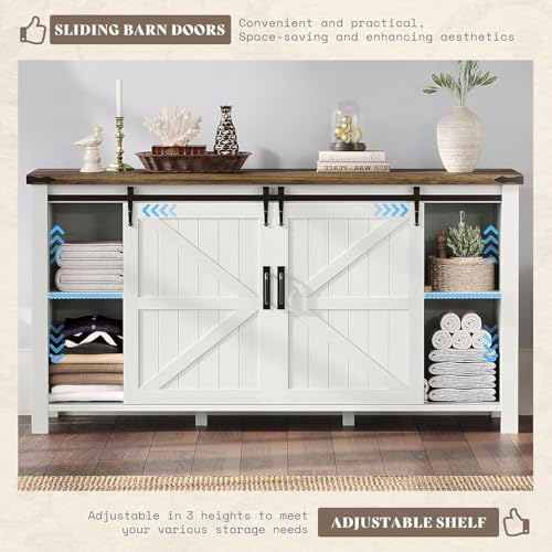 3-Piece Farmhouse Bedroom Furniture Set with Dresser and 2 Nightstands, Sliding Barn Door Wood Storage Set for Bedroom, Distressed White