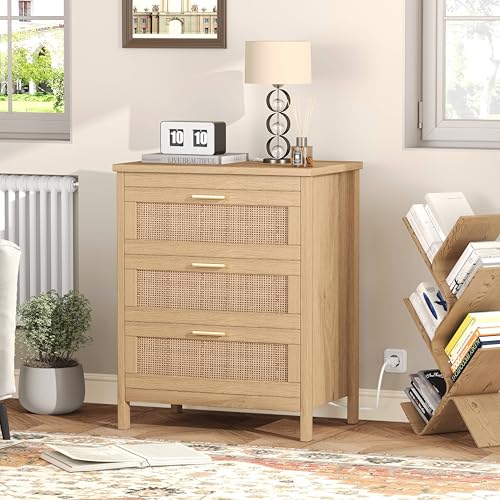 Rattan Nightstand with Charging Station, 23.6" Wide Bedside Table with 3 Drawers, Boho Night Stand with Metal Handles, Accent End Table for Bedroom, Guest Room, Natural