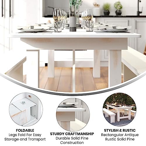 Hercules Commercial Grade Farmhouse Dining Table | Solid Pine Foldable Table for 10 in Antique Rustic White | Rustic Charm for Home and Events