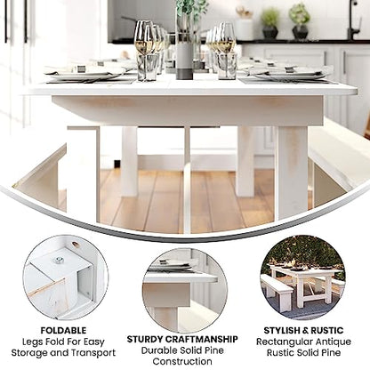 Hercules Commercial Grade Farmhouse Dining Table | Solid Pine Foldable Table for 10 in Antique Rustic White | Rustic Charm for Home and Events