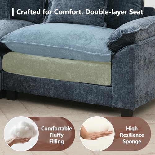 Modular Sectional Sofa, Cloud Couch with Ottoman, Deep Seat L Shaped Chenille Sofa Couches for Living Room Apartment (Blue, L Shaped-3 Seat & Ottoman)