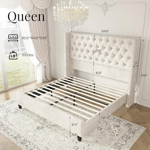 Queen Size Bed Frame Velvet Upholstered Platform Bed with 51.6" Tall Wingback Headboard Deep Button Tufted, No Box Spring Needed, Cream