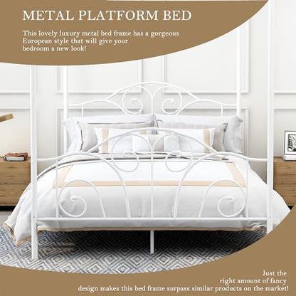 Full Size Four-Poster Metal Canopy Bed Frame,White, view 6