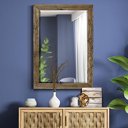 Rectangular Dark Room Walnut Wooden Framed Body Mirror Decor Farmhouse Wall Mounted Horizontal Decorative Mirror for Bedroom Living Room Bathroom - 41"x29" LT07