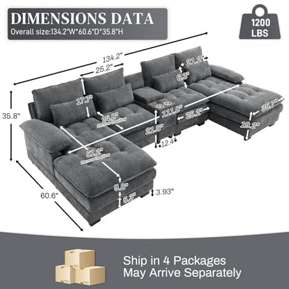 134" Oversized Grey Sectional Couches for Living Room,Fluffy Couch with Chaise Lounge&Tufted Buttons, U Shaped Living Room Sofa Set Furniture,Chenille 6 Seater Couch with Storage Console