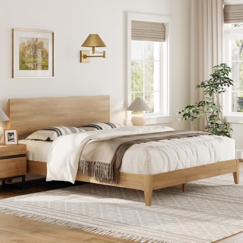 Queen Bed Frame with Wave Headboard, Solid Wood Legs, Oak, view 4
