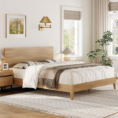 Queen Bed Frame with Wave Headboard, Solid Wood Legs, Oak, view 4