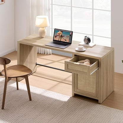 Rattan Home Office Desk with Drawer, 59" Farmhouse Boho Executive Desk with Storage Cabinet, Large Computer Writing Table Vanity Desk for Office, Study, Living Room, Light Oak