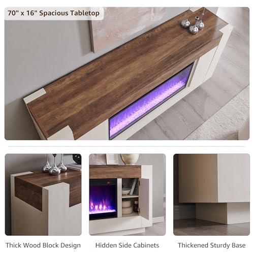 70" Fireplace TV Stand for 80" TV, Thick Block Media Console, White, view 5