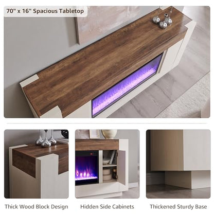 70" Fireplace TV Stand for 80" TV, Thick Block Media Console, White, view 5
