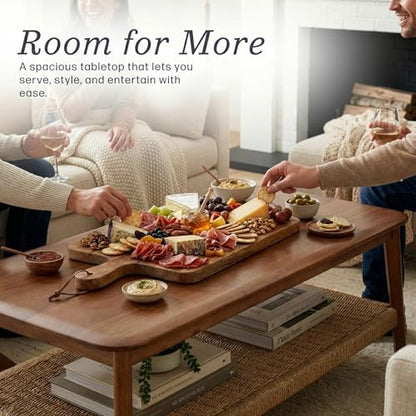 Calais 48 Inch Rectangular Solid Wood Coffee Table with Woven Storage Shelf – Mid Century Modern 2-Tier Living Room Table (Chestnut)