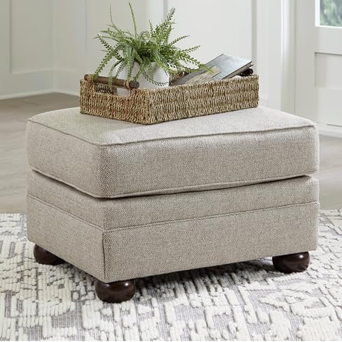 Signature Design by Ashley Gaelon Transitional Rectangular Upholstered Ottoman with Bun Legs, Light Brown