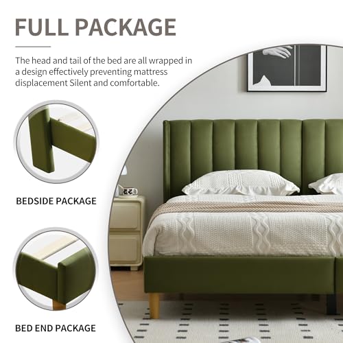 King Bed Frame，Platform Bed with Upholstered Headboard，Grass Green, view 8