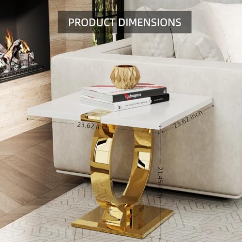 White and gold square end table with polished metal U-base, view 3