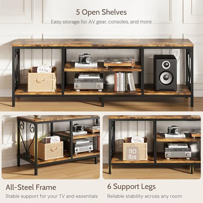 TV Stand for 65 70 75 Inch TVs, 63" Heavy-Duty Industrial Entertainment Center with 3-Tier Open Shelves, Solid 6-Leg Structure & Soundbar Space, TV Console Table for Living Room and Bedroom