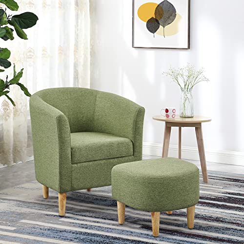Mid Century Modern Chair, Accent Chair Barrel with Ottoman Comfy Arm Footrest Set Comfortable Living Room Chairs Upholstered Round Club Tub Sofa for Bedroom Reading Green, Set of 1