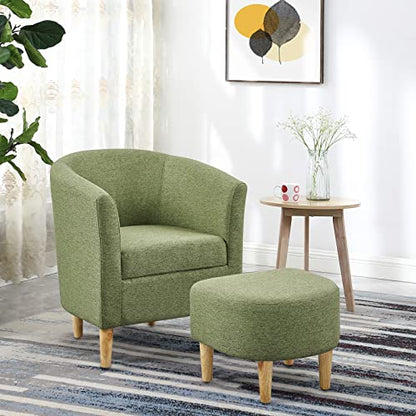 Mid Century Modern Chair, Accent Chair Barrel with Ottoman Comfy Arm Footrest Set Comfortable Living Room Chairs Upholstered Round Club Tub Sofa for Bedroom Reading Green, Set of 1