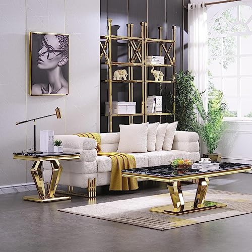 Black and Gold End Table for Living Room, Modern Square Side Table with Polished Stainless Steel Geometric Diamond Base